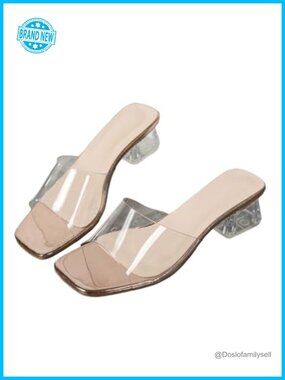 Women's Clear Chunky Block Heel Open Toe Sandals Square Toe Slip On Heels